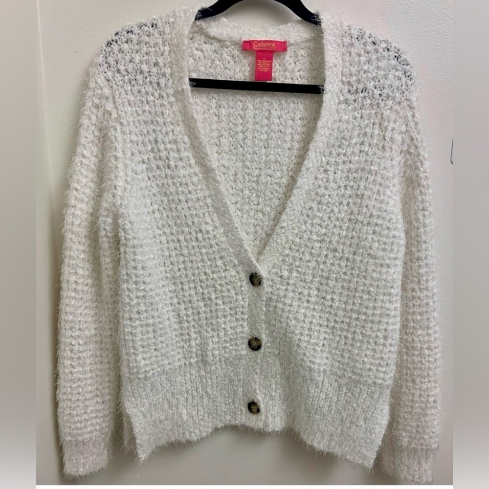 Catherine Malandrino White Fuzzy Eyelash Knit Tortise Button Front Cardigan L